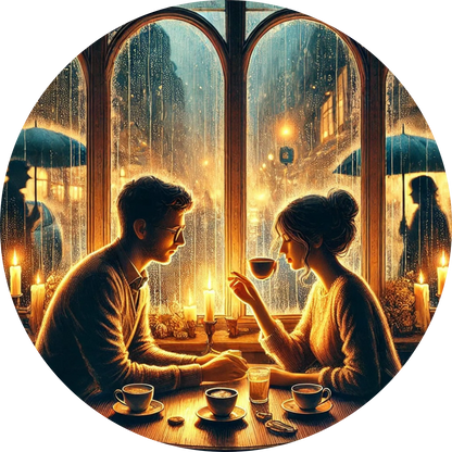 Paar im Schein von Fenstern, goldenes Licht und Stadtkulisse im Hintergrund – intime Szene.