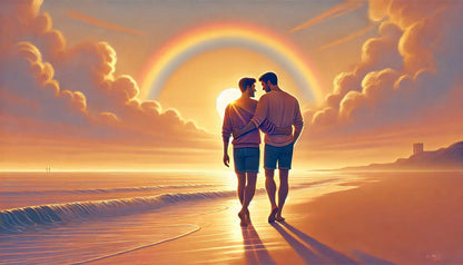 Zwei Männer spazieren bei Sonnenuntergang Hand in Hand durch eine goldene Dünenlandschaft, Symbol für Liebe, Frieden und Freiheit.