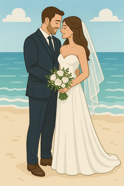 Brautpaar am Strand – sie trägt ein schulterfreies Brautkleid, er einen dunklen Anzug. Beide lächeln sich an vor dem Meereshintergrund.