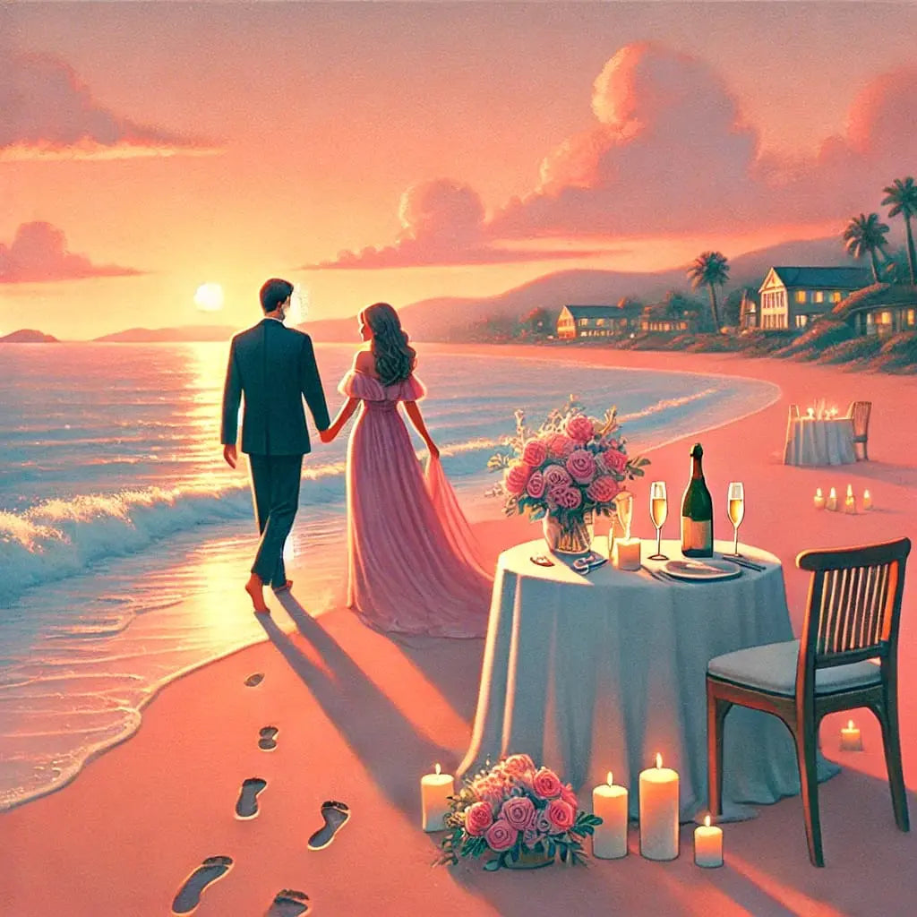 Romantisches Paar bei Sonnenuntergang am Strand – ein gedeckter Tisch mit Rosen, Kerzen und Sektgläsern im Vordergrund.