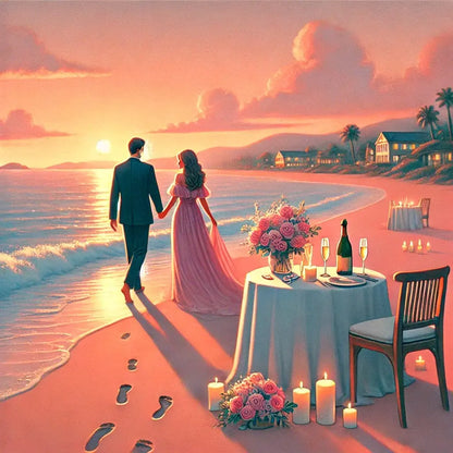 Romantisches Paar bei Sonnenuntergang am Strand – ein gedeckter Tisch mit Rosen, Kerzen und Sektgläsern im Vordergrund.