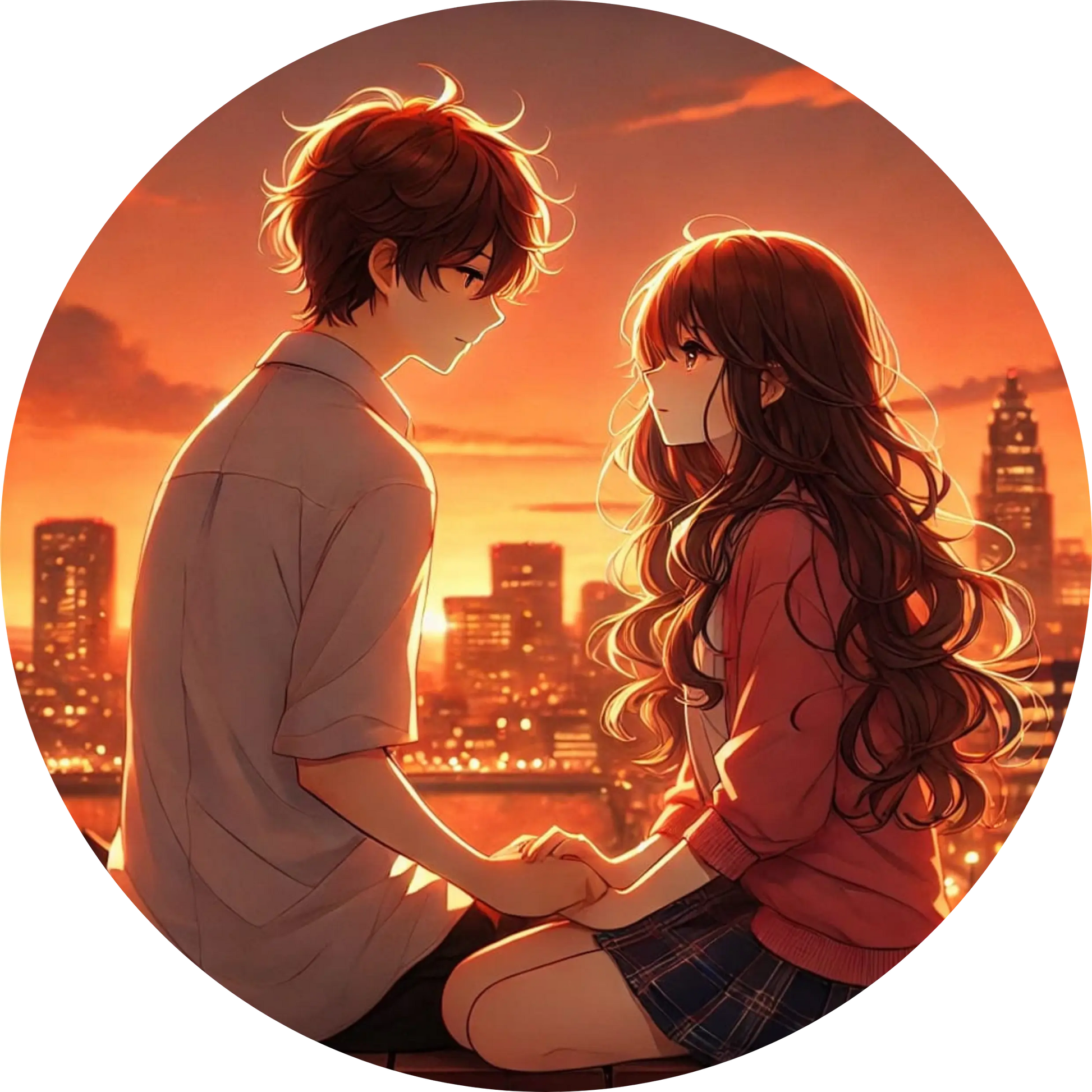 Sonnenuntergangs-Szene mit Anime-Paar vor Skyline in warmer Farbgebung
