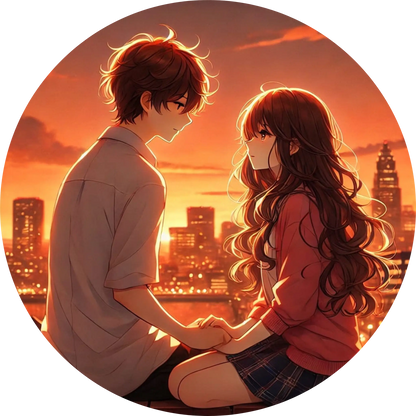 Sonnenuntergangs-Szene mit Anime-Paar vor Skyline in warmer Farbgebung
