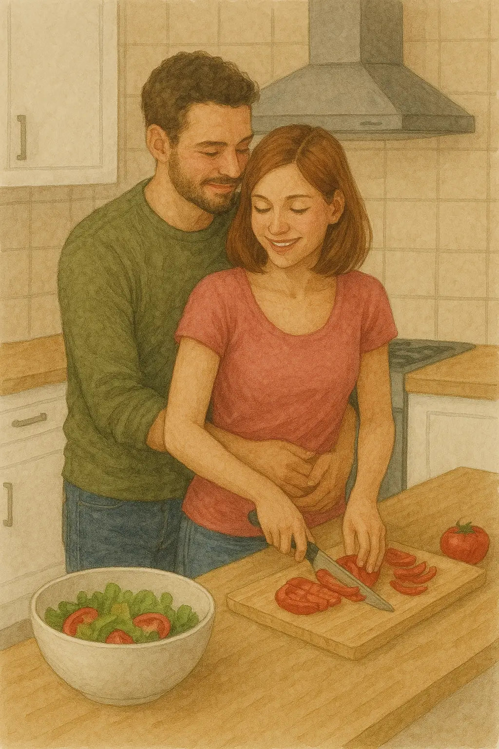 Verliebtes Paar kocht gemeinsam in der Küche – herzliche Szene mit Umarmung und frisch zubereitetem Salat.