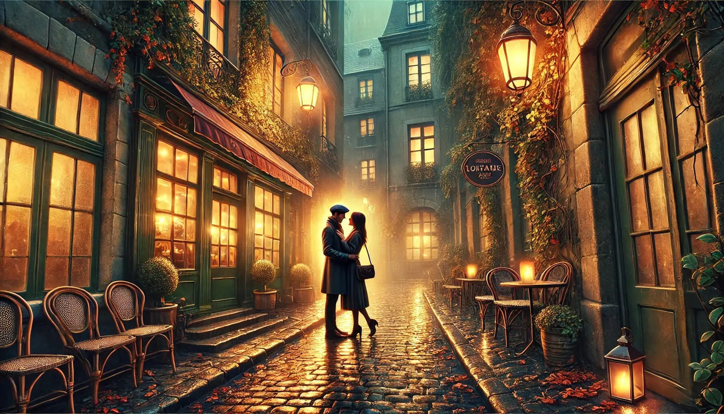 Verliebtes Paar in Pariser Gasse mit Laternenlicht vor Café