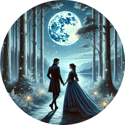 Elegantes Paar unter Mondschein in einer nächtlichen Altstadt – feierlich und stilvoll.