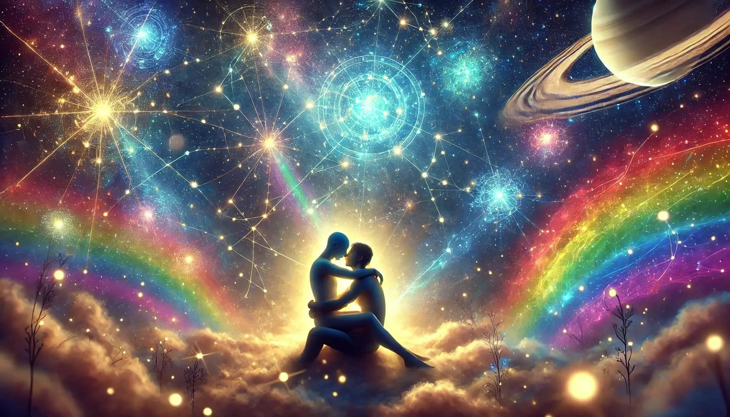 Paar umarmt sich unter dem Sternenhimmel mit leuchtender Regenbogen-Aura, Symbol für Selbstfindung, Spiritualität und queeren Stolz.