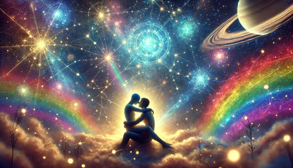 Paar umarmt sich unter dem Sternenhimmel mit leuchtender Regenbogen-Aura, Symbol für Selbstfindung, Spiritualität und queeren Stolz.