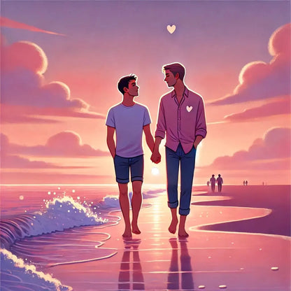 Zwei Männer beim Sonnenuntergang am Meer, halten sich an den Händen, zartes Motiv für queere Zweisamkeit.