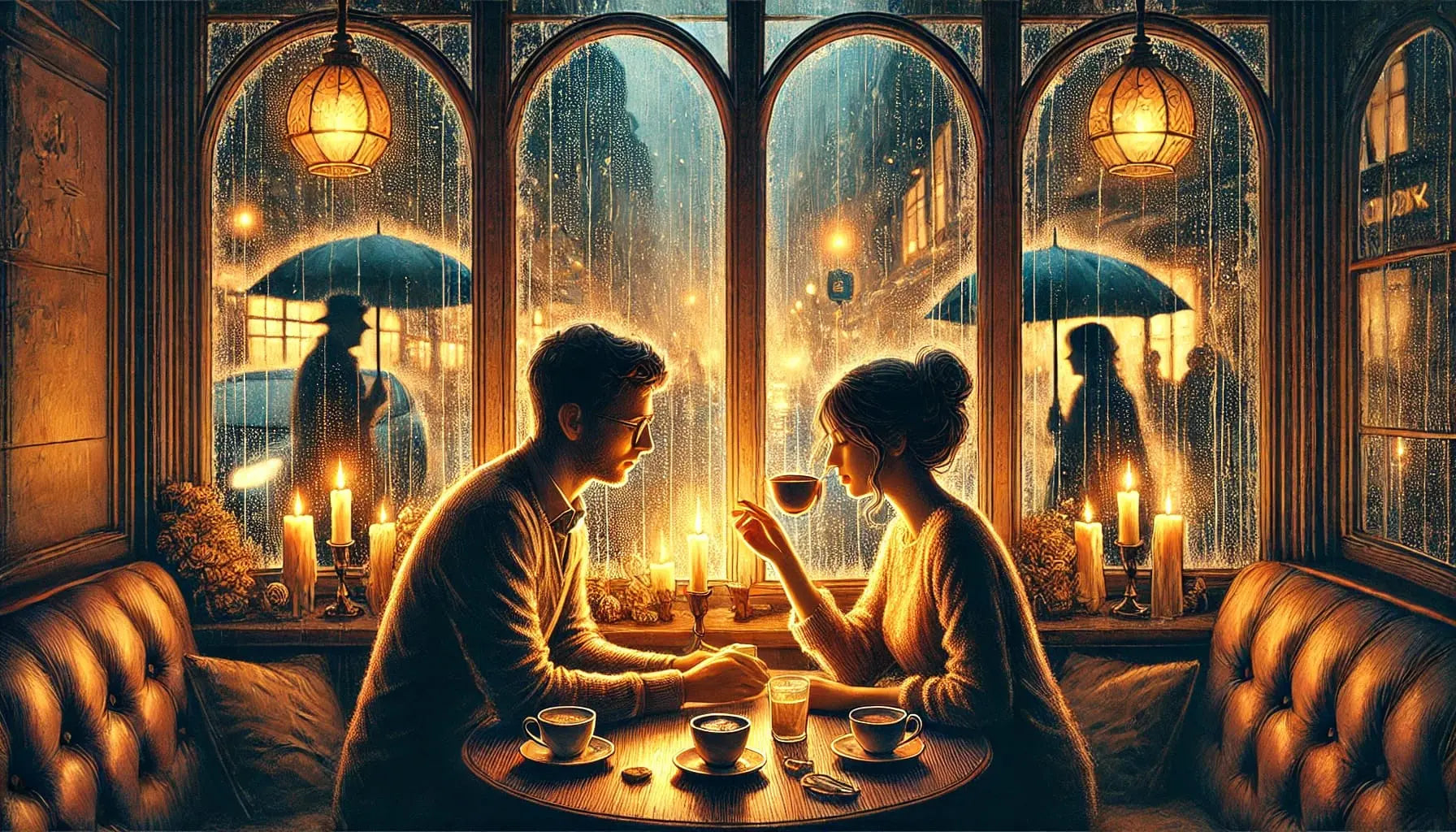 Paar trinkt Kaffee bei Kerzenschein in einem gemütlichen Café im Regen