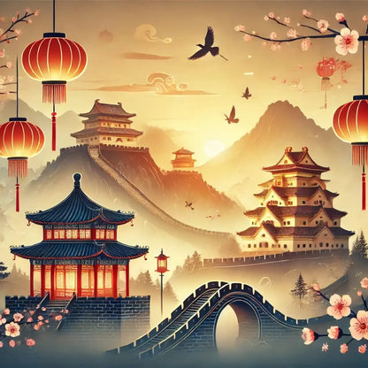 Sanfte Berglandschaft mit Pagoden und Sonnenuntergang – ruhige Darstellung ostasiatischer Spiritualität.