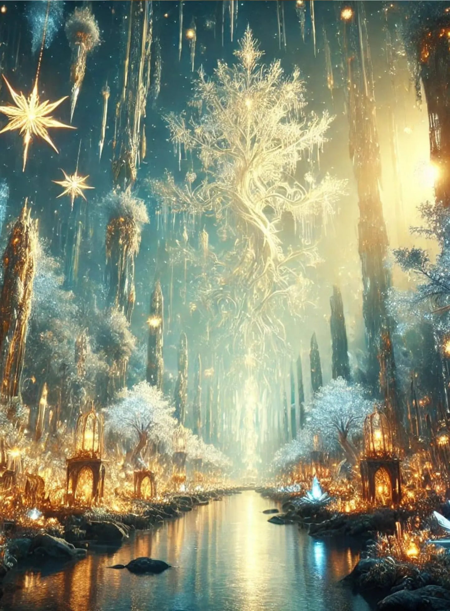 Fantastischer Wikingerpalast bei Sonnenuntergang – Ein imposanter Palast mit goldenen Türmen und Drachenbooten im Vordergrund, warmes Licht verleiht dem Bild eine epische Stimmung.