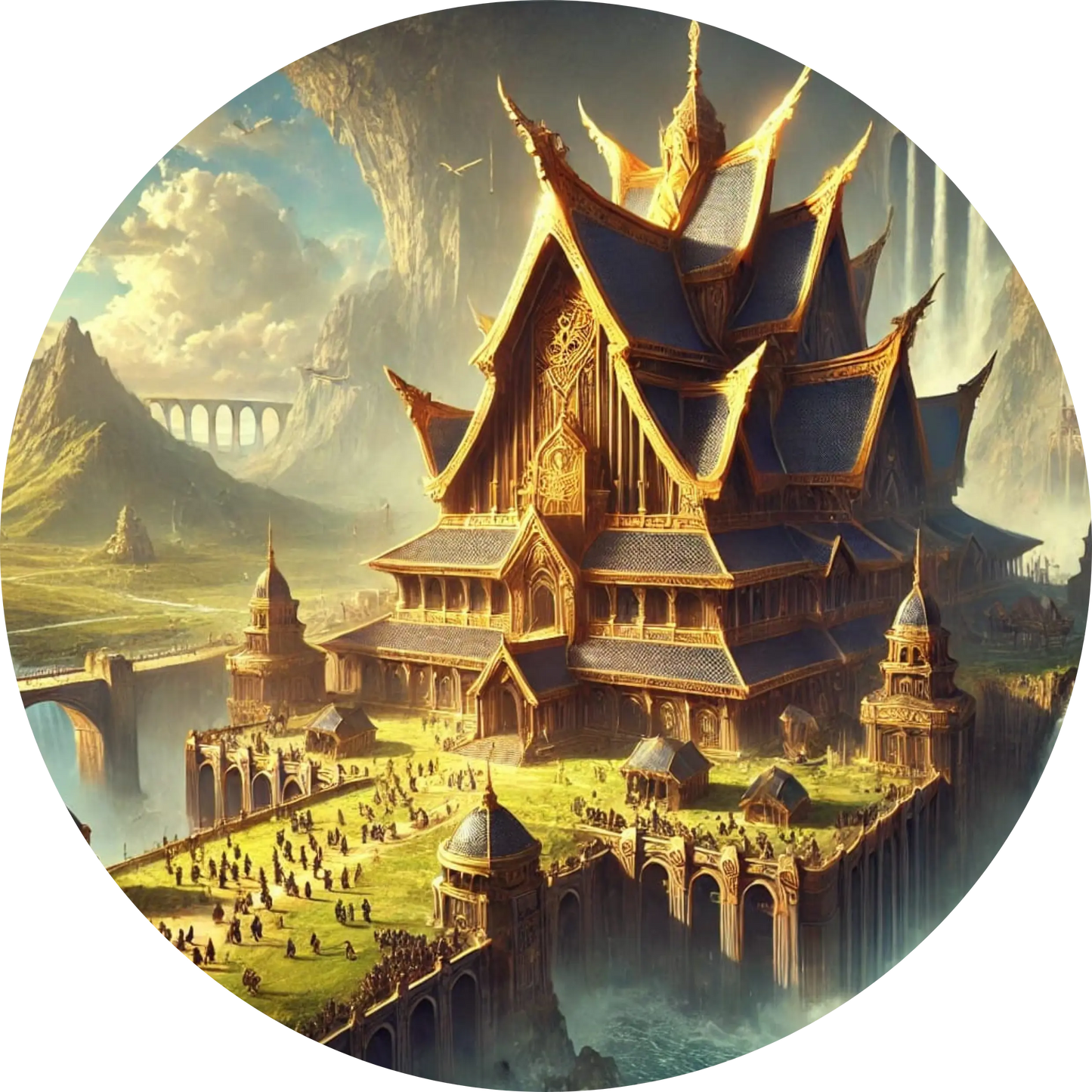  Goldener Palast mit spitzen Dächern, leuchtender Himmel im Hintergrund