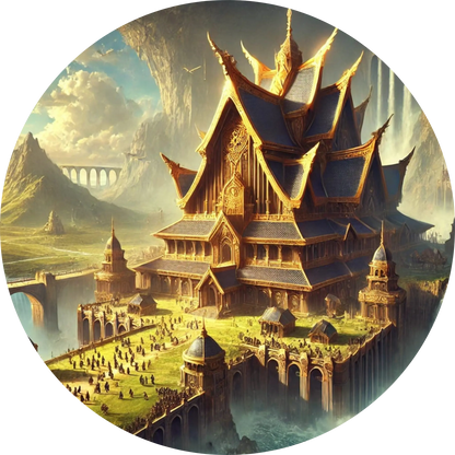  Goldener Palast mit spitzen Dächern, leuchtender Himmel im Hintergrund