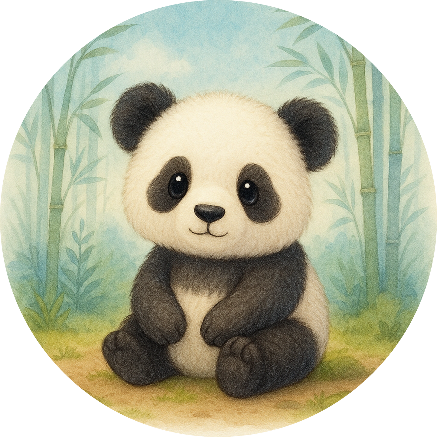 Pandababy mit großen schwarzen Augen auf Blumenwiese