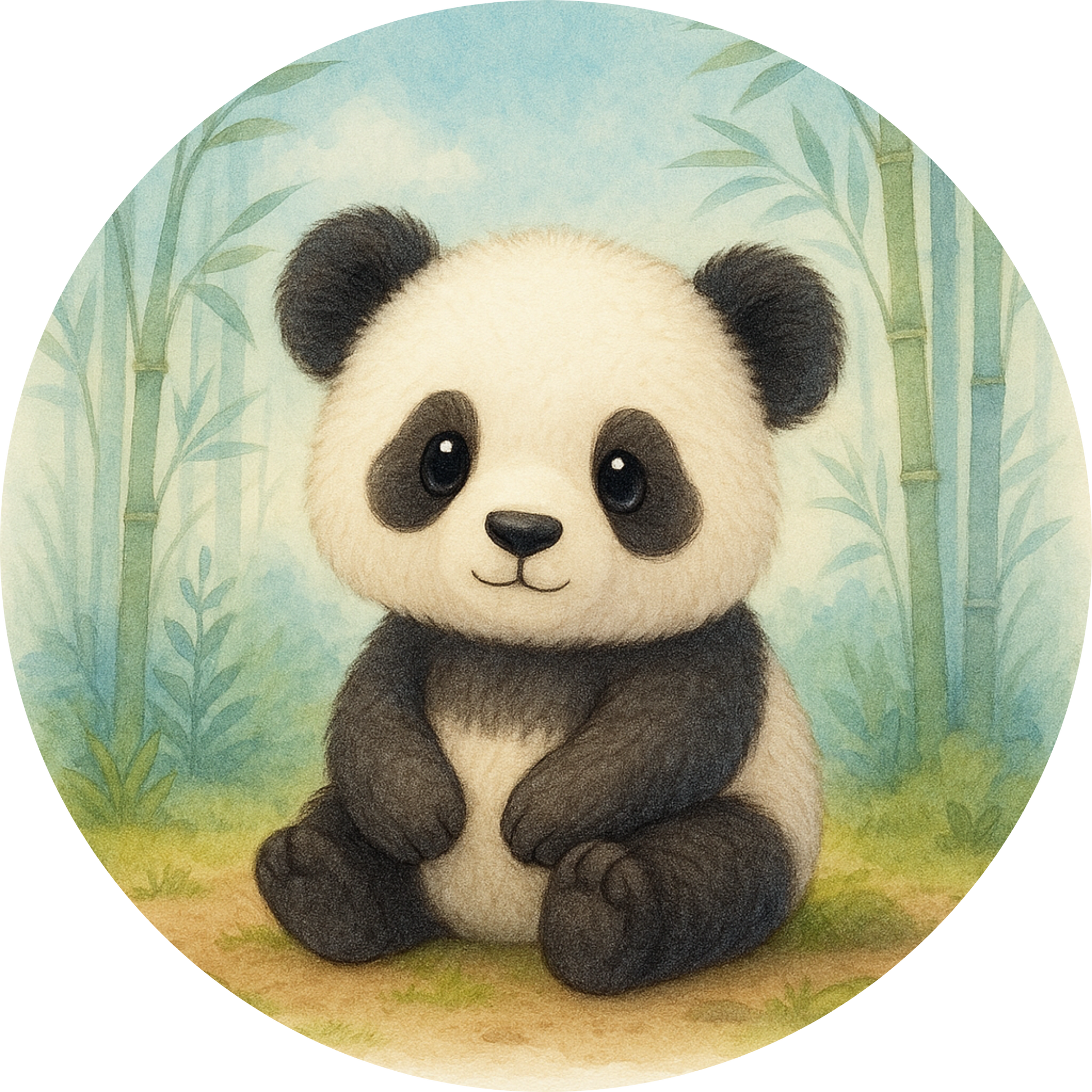 Pandababy mit großen schwarzen Augen auf Blumenwiese