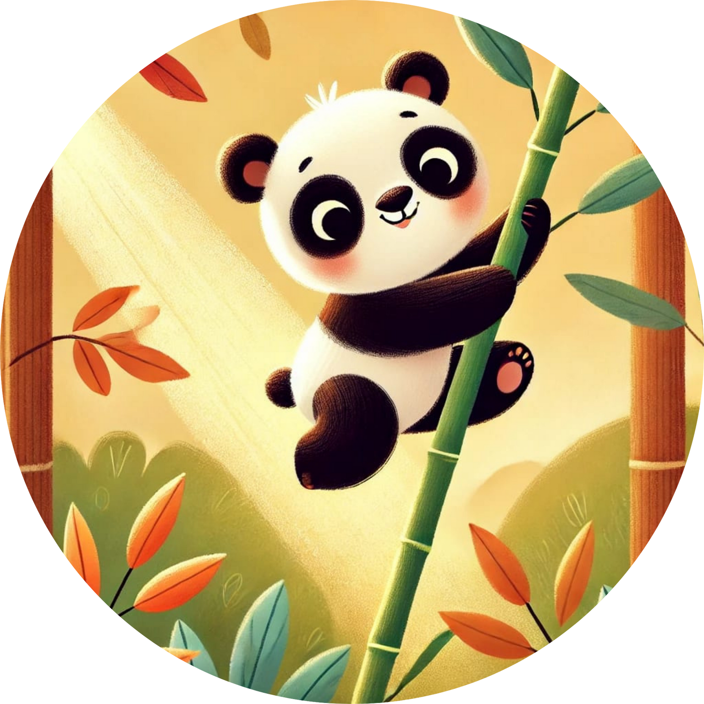 Panda klettert an einem Ast unter goldenen Blättern
