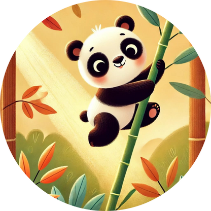 Panda klettert an einem Ast unter goldenen Blättern
