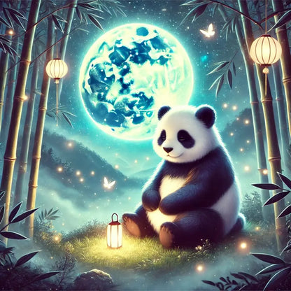 Ein Panda unter dem Vollmond mit Bambus – magisch und ruhig