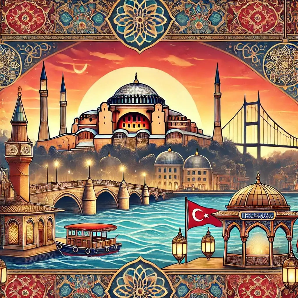 Orientalisches Stadtpanorama bei Sonnenuntergang, Kuppelbauten und kunstvolle Fensterbögen