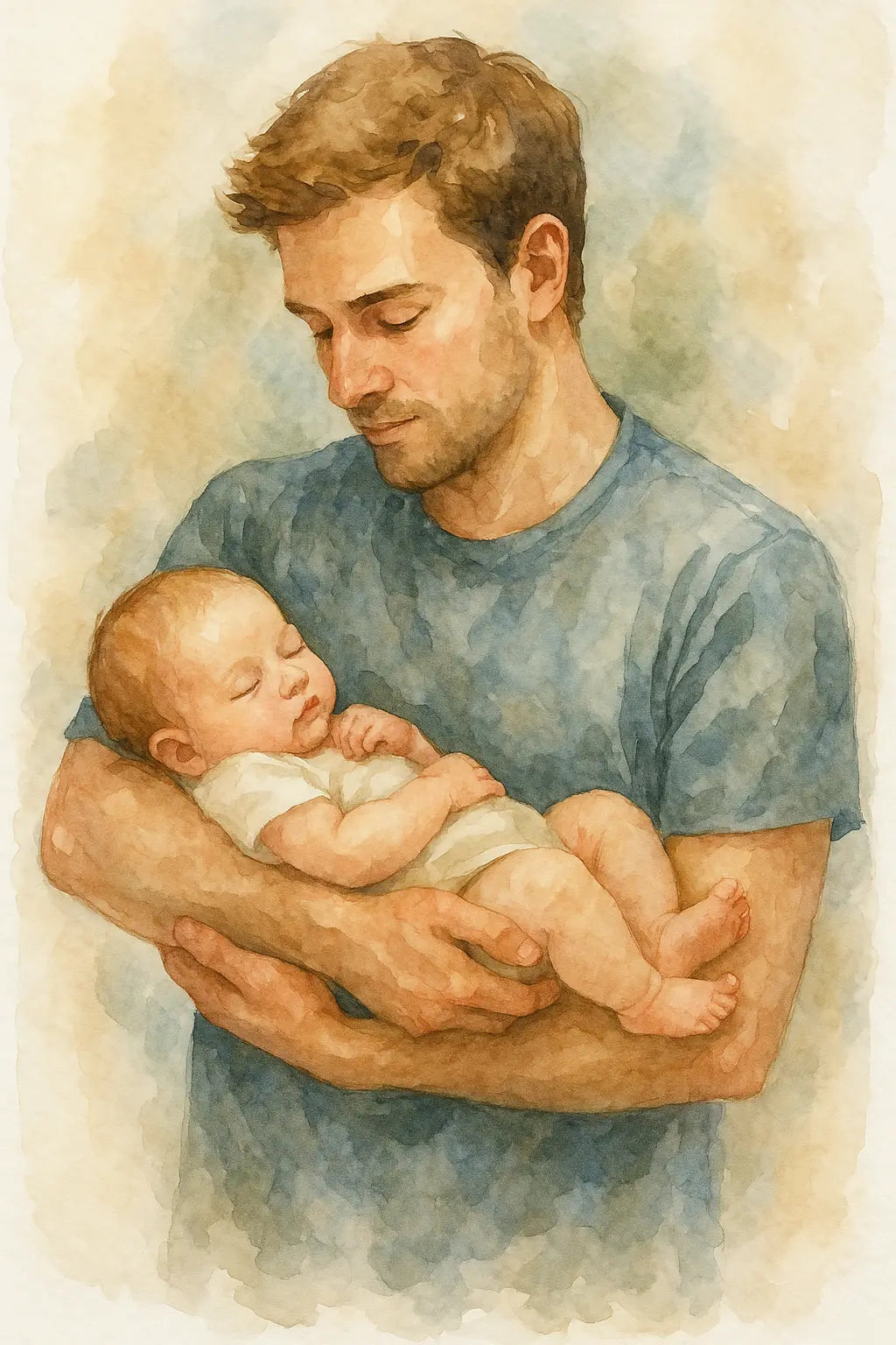 Zärtliche Aquarelldarstellung eines Vaters, der sein Baby behütend trägt – Vater-Kind-Motiv