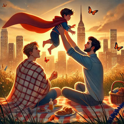 Zwei Väter mit Kind auf den Schultern in Superheldenposen, Darstellung von queerer Familie, Liebe und Stärke.