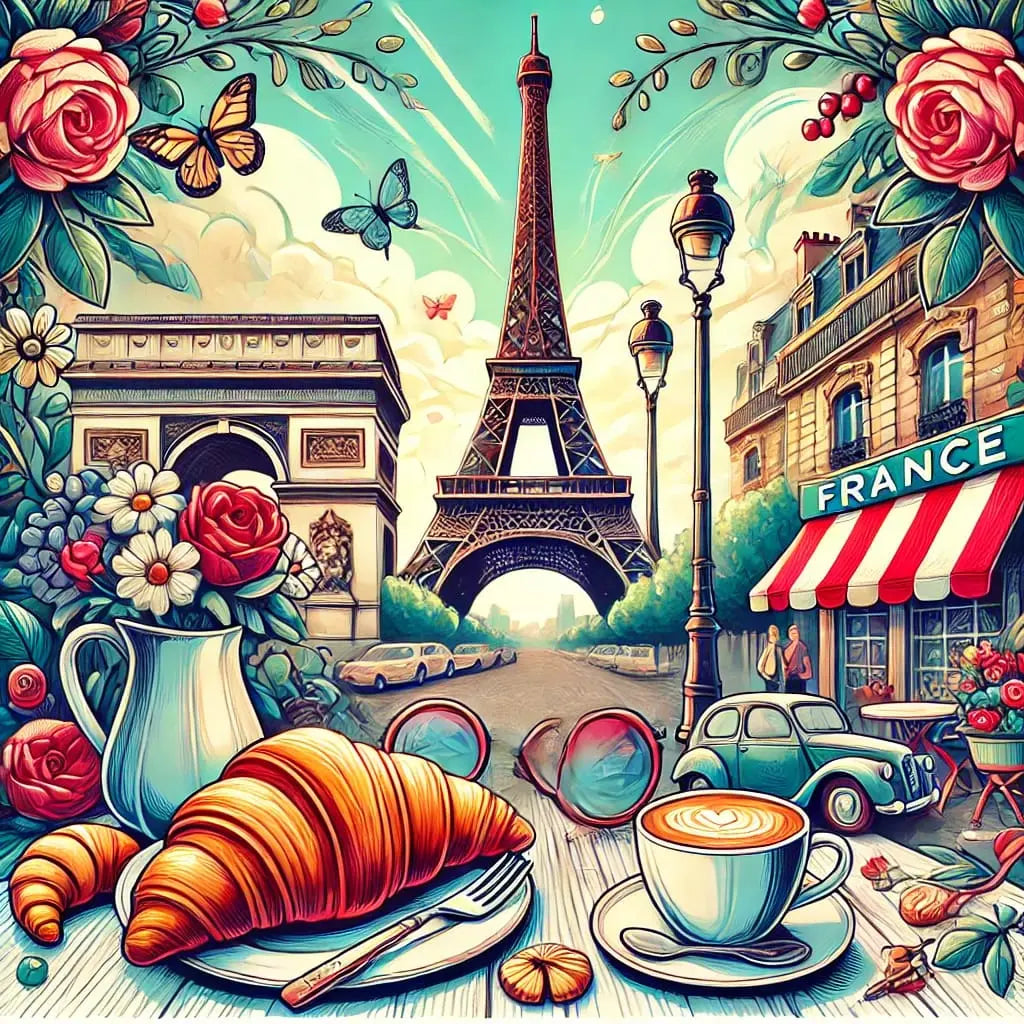 Stimmungsvolle Straßenszene mit französischem Frühstück: Croissants, Kaffee, Eiffelturm und Bistro-Details im charmanten Vintage-Stil.