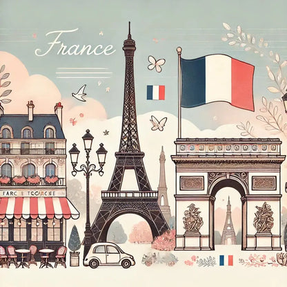 Pariser Straßenszene mit dem Eiffelturm, französischer Flagge, typischer Architektur und Café-Tischen. Verspielter, romantischer Look in Pastellfarben.