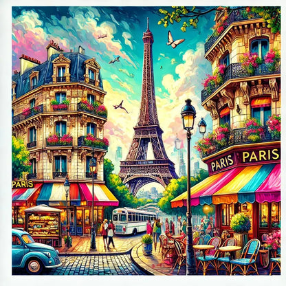 Pariser Straßenszene mit Eiffelturm und Cafés – Illustration mit französischem Flair, Caféterrassen und ikonischer Architektur.
