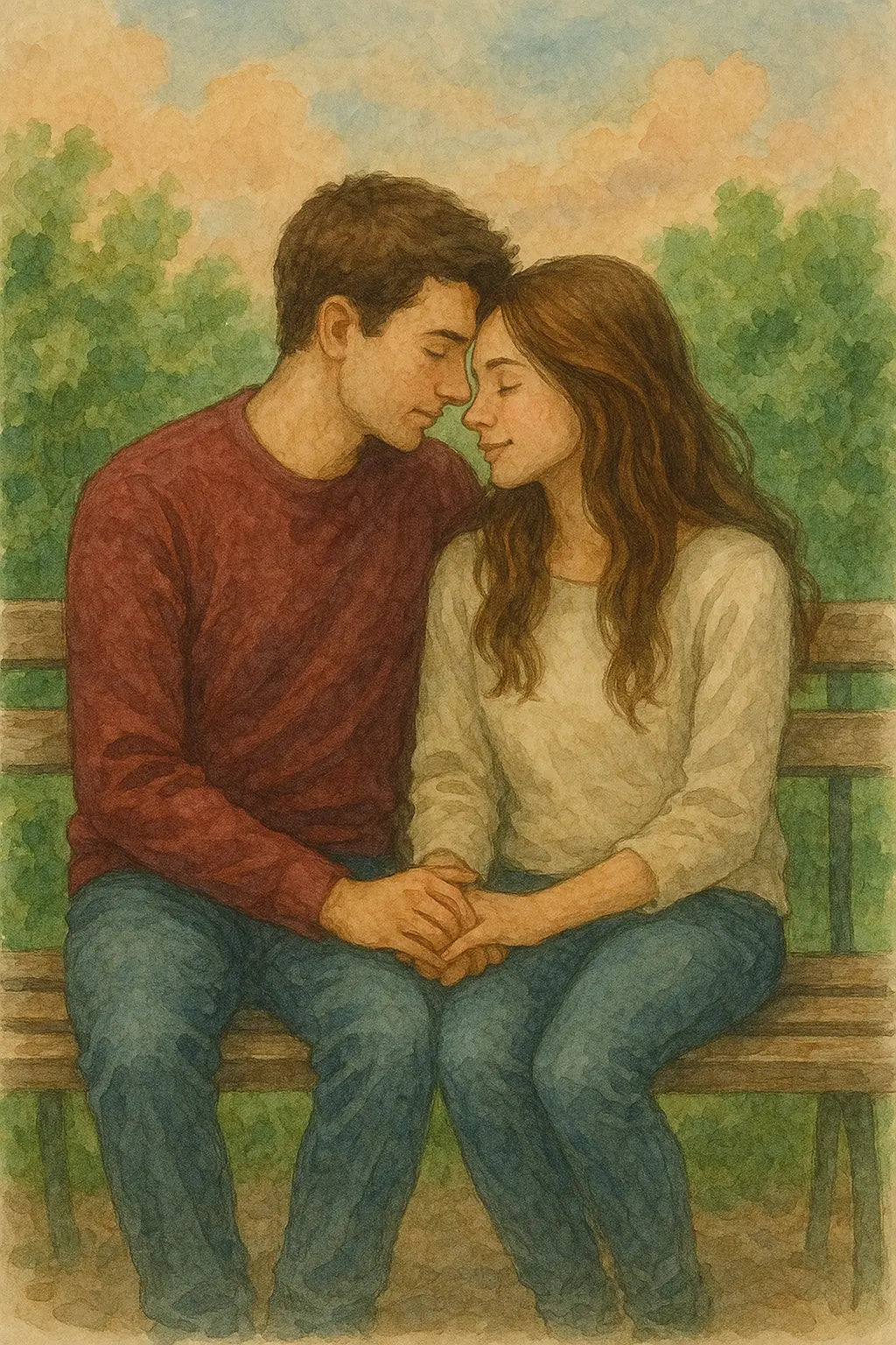 Verliebtes Paar auf einer Parkbank, das sich zärtlich anlehnt und Händchen hält – Aquarellstil mit weichem Hintergrund.