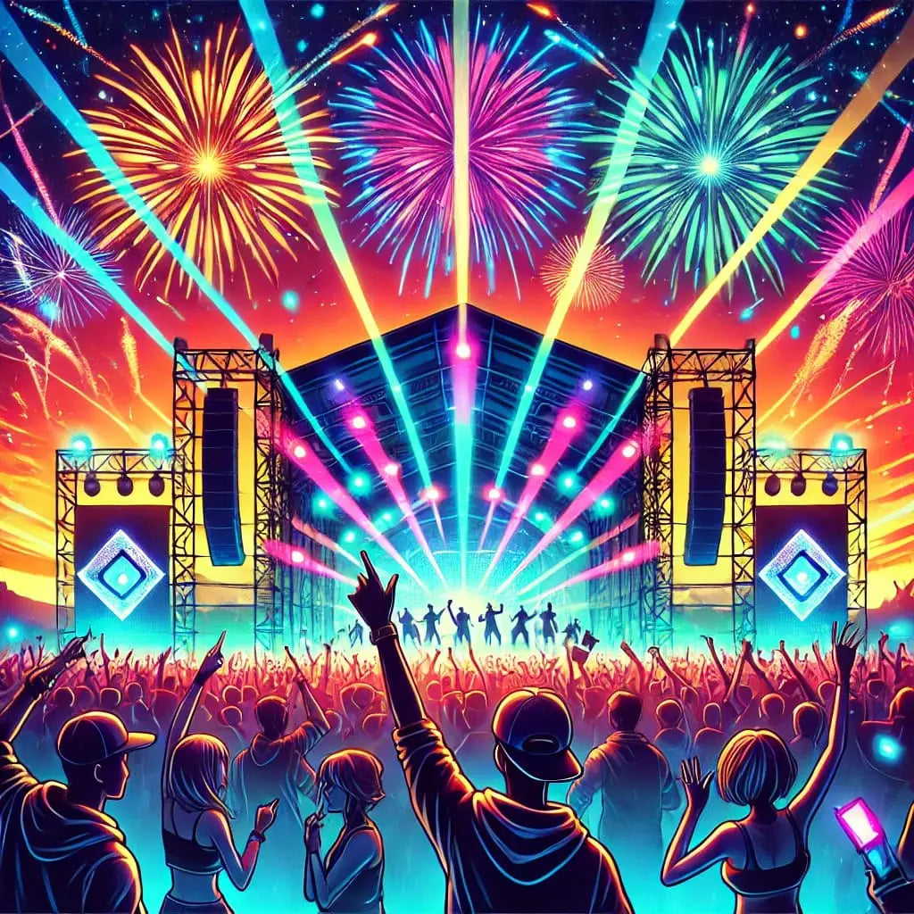 Neonlicht und Partylautsprecher – Leuchtende Disco-Boxen mit bunten Strahlen und Partykulisse im Hintergrund