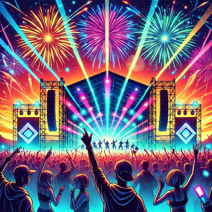 Neonlicht und Partylautsprecher – Leuchtende Disco-Boxen mit bunten Strahlen und Partykulisse im Hintergrund