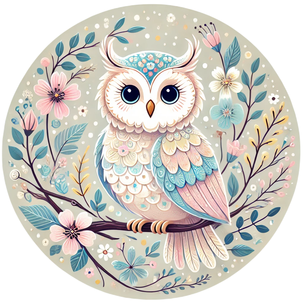 Pastellfarbene Eule auf floraler Ranke – niedliches Boho-Tierdesign