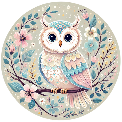 Pastellfarbene Eule auf floraler Ranke – niedliches Boho-Tierdesign