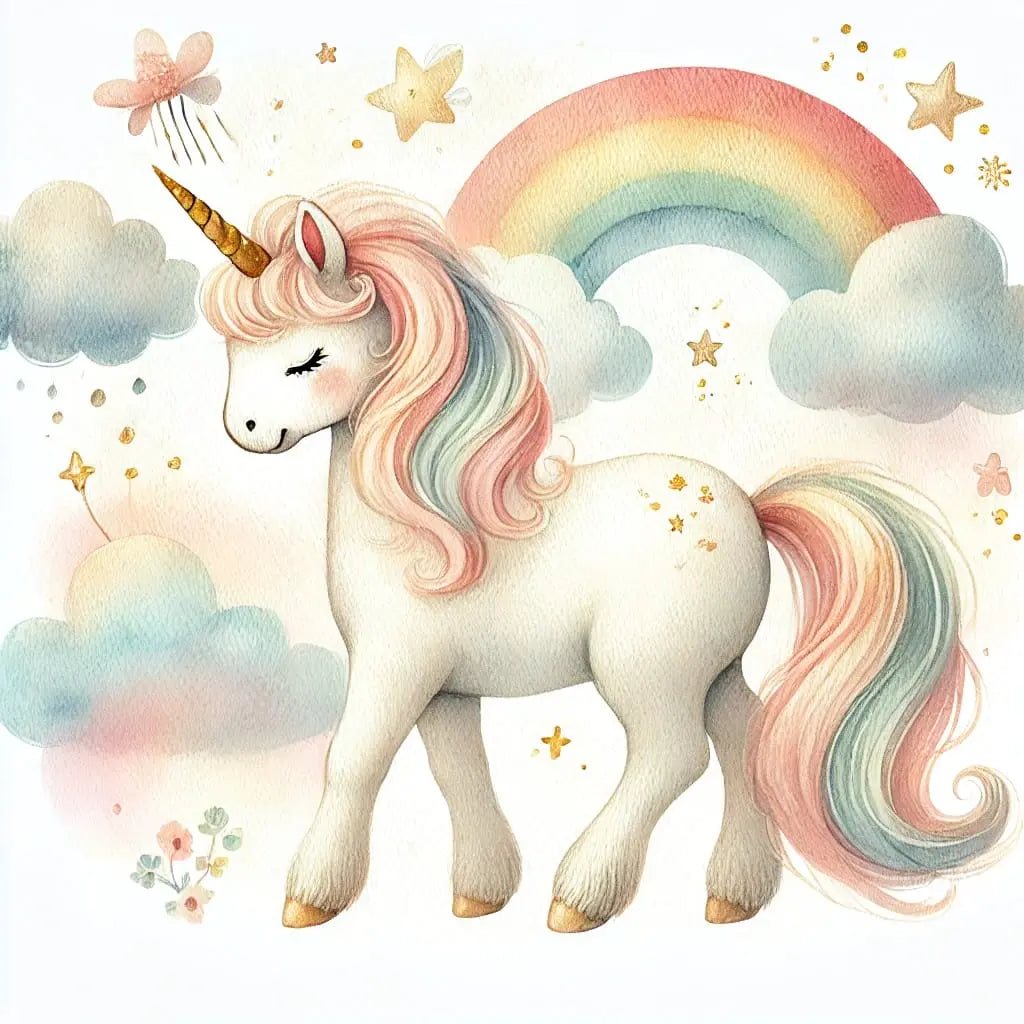 Kleines Einhorn mit Regenbogen und Sternen auf hellem Hintergrund – minimalistisch und süß.