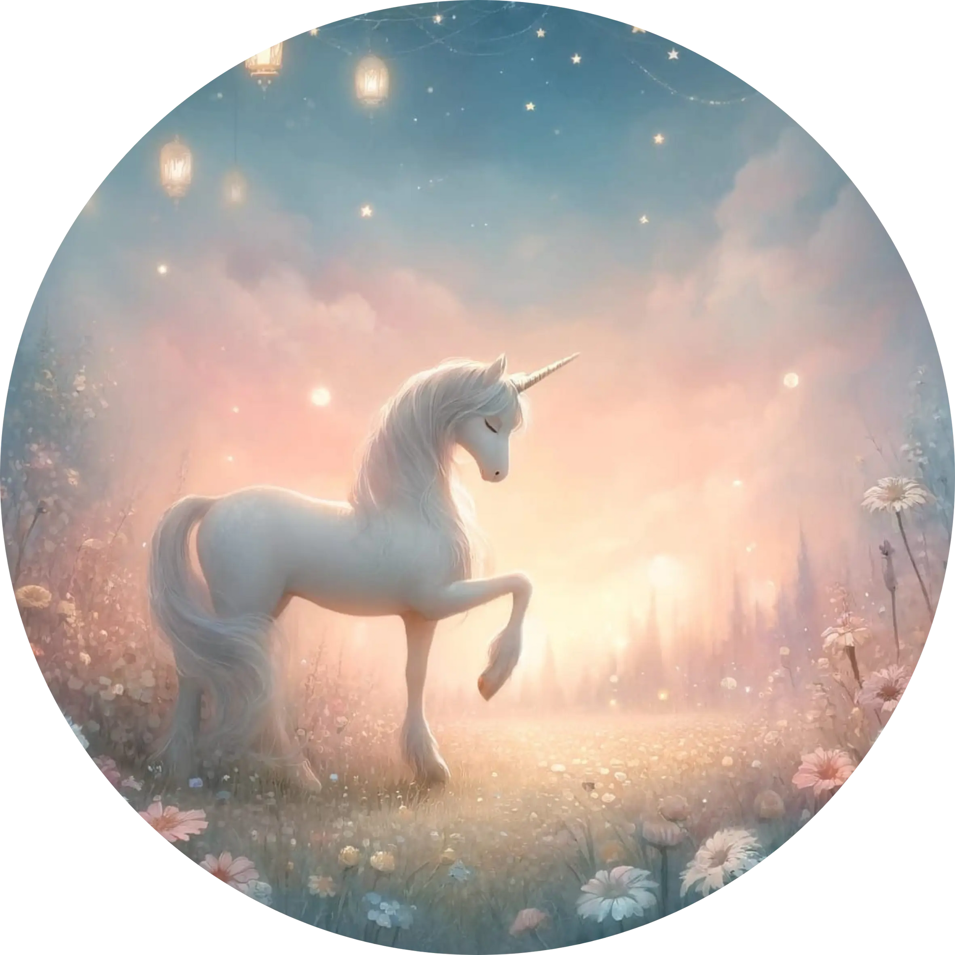 Weißes Einhorn steht auf einem Hügel bei Sonnenuntergang