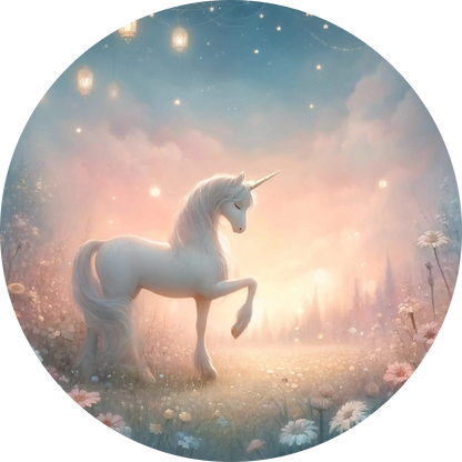 Weißes Einhorn steht auf einem Hügel bei Sonnenuntergang