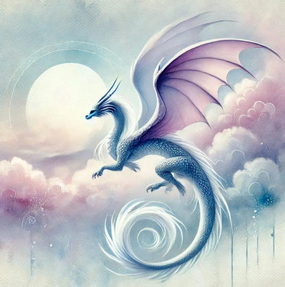 Pastellfarbener Drache, geschwungener Körper und zarte lila-blau Töne auf strukturiertem Hintergrund