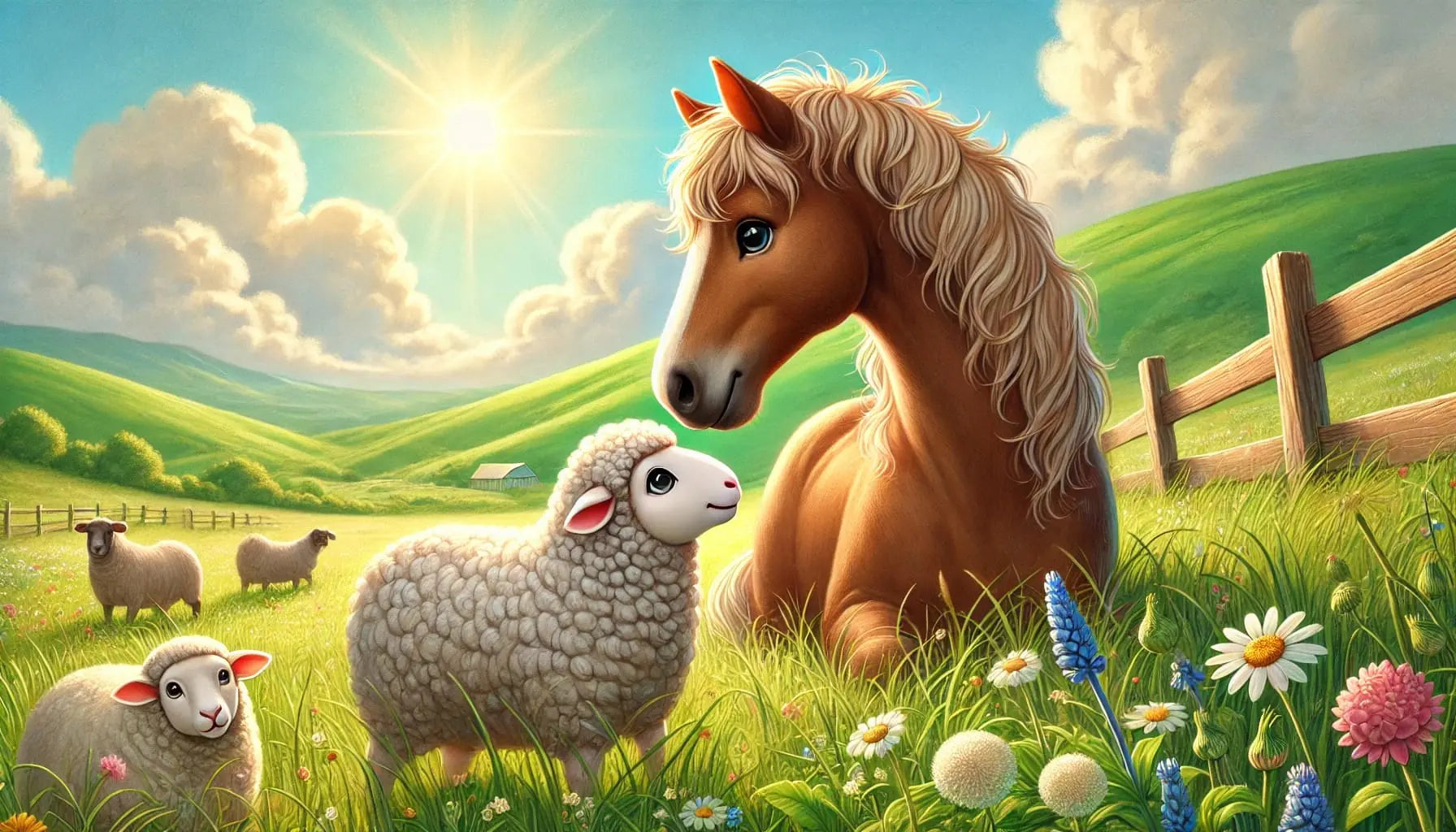 Pferd mit Fohlen und Schaf auf Frühlingswiese bei Sonnenuntergang.