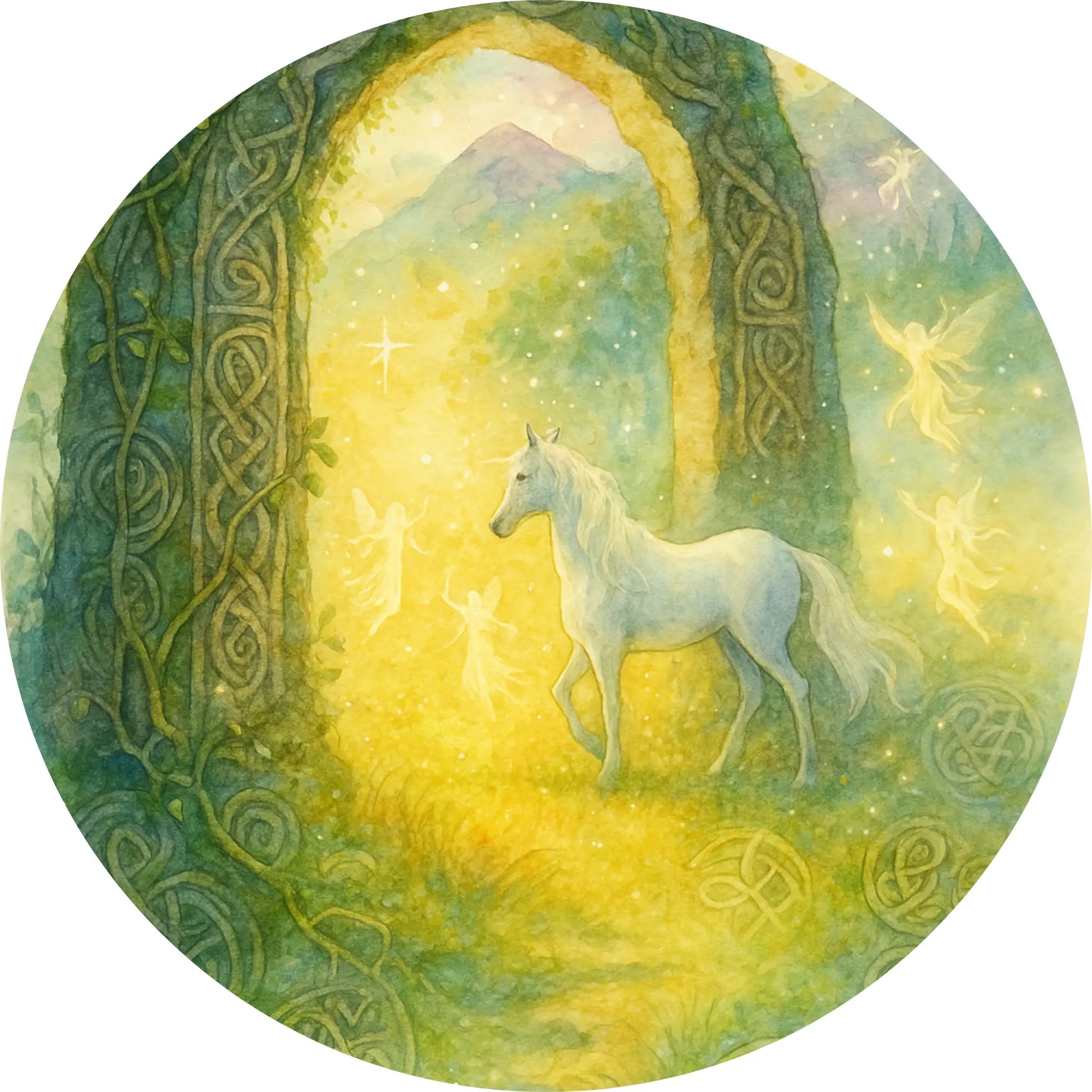 Pferd steht im leuchtend goldgrünen Wald zwischen keltisch verzierten Bäumen.

