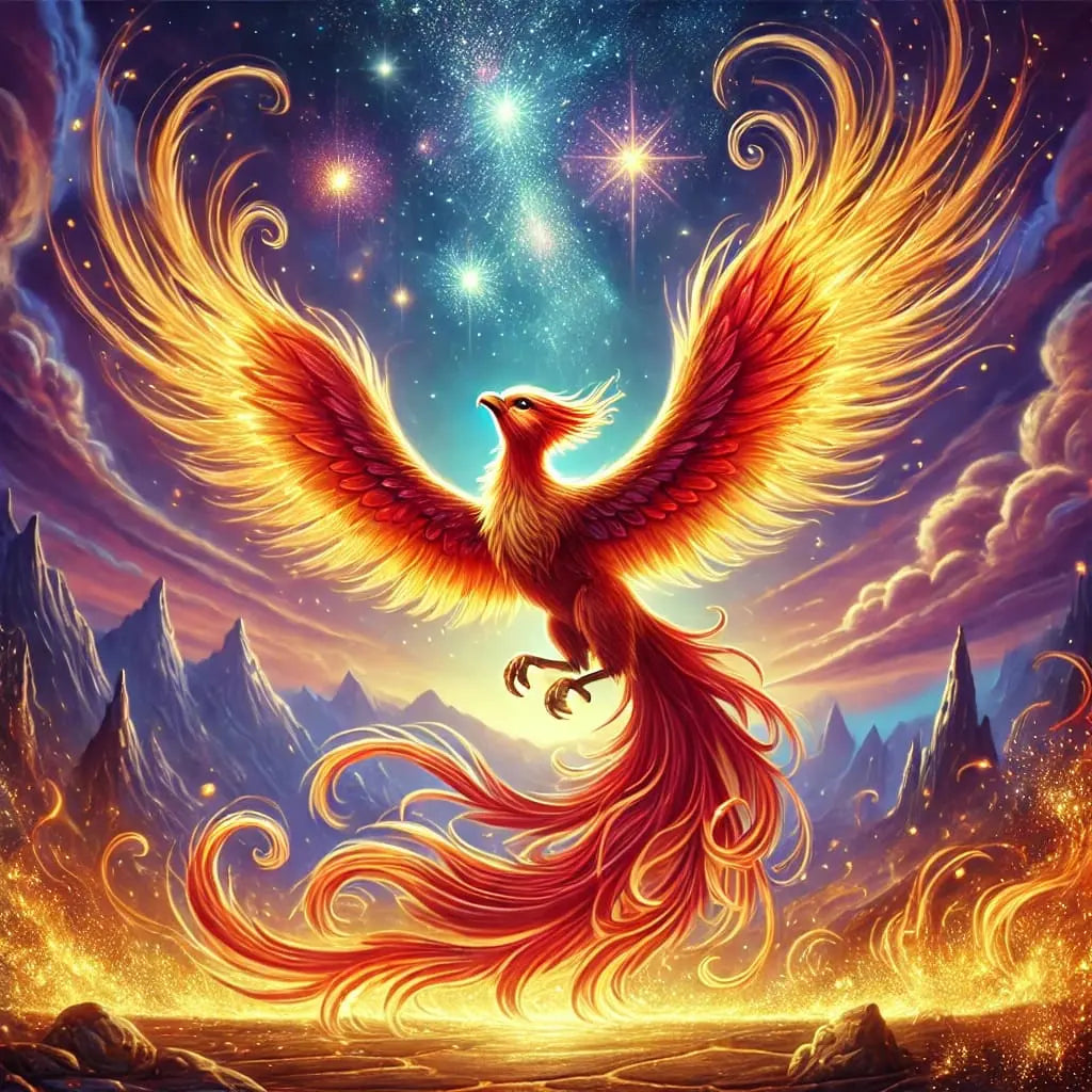 Majestätischer Phönix mit ausgebreiteten Flammenflügeln am Himmel