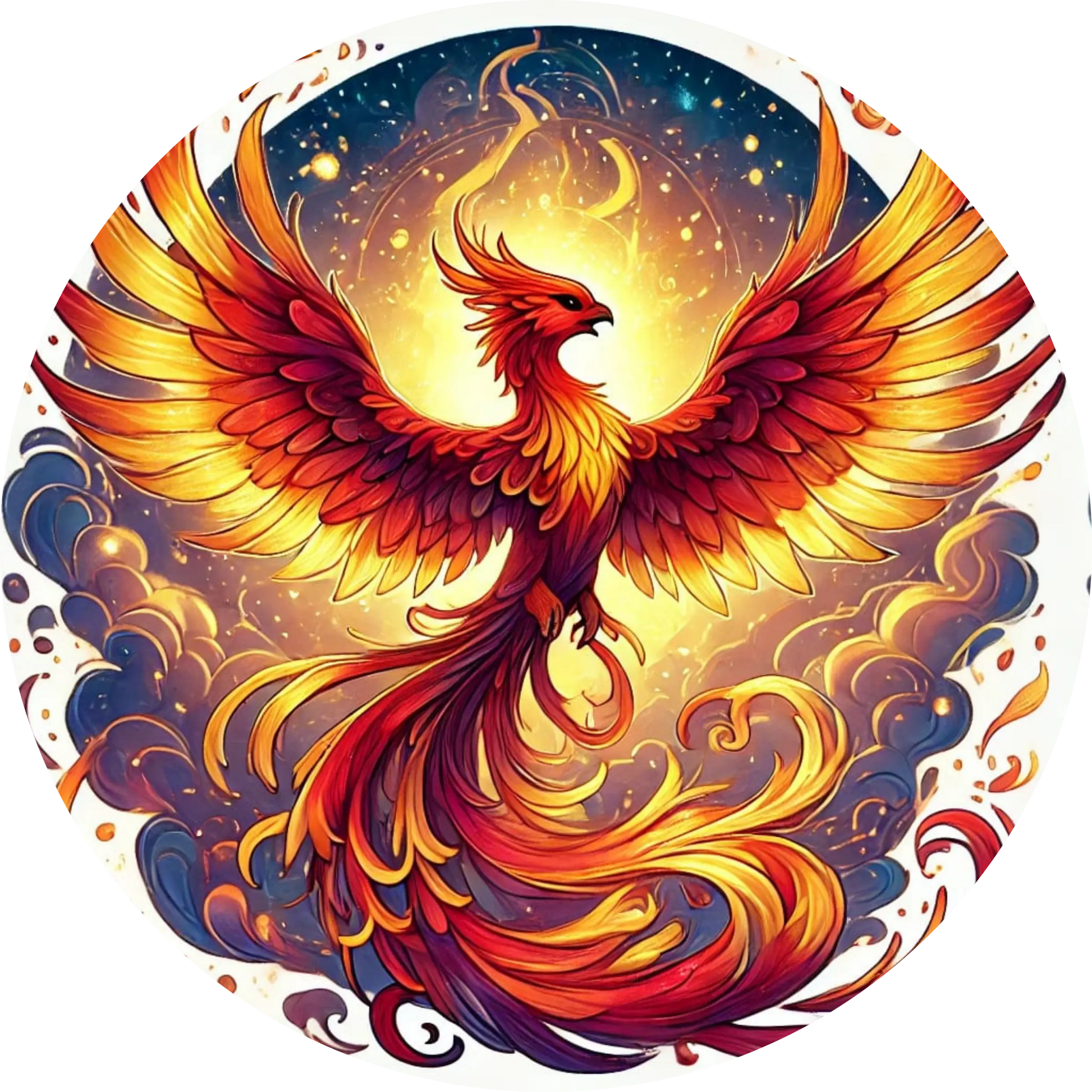 Zwei leuchtende Phönixe tanzen in feuriger Spiralbewegung