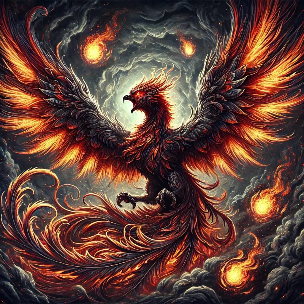 Phönix im Zentrum einer Feuerspirale, mit ausladendem Schweif, feurig und mächtig