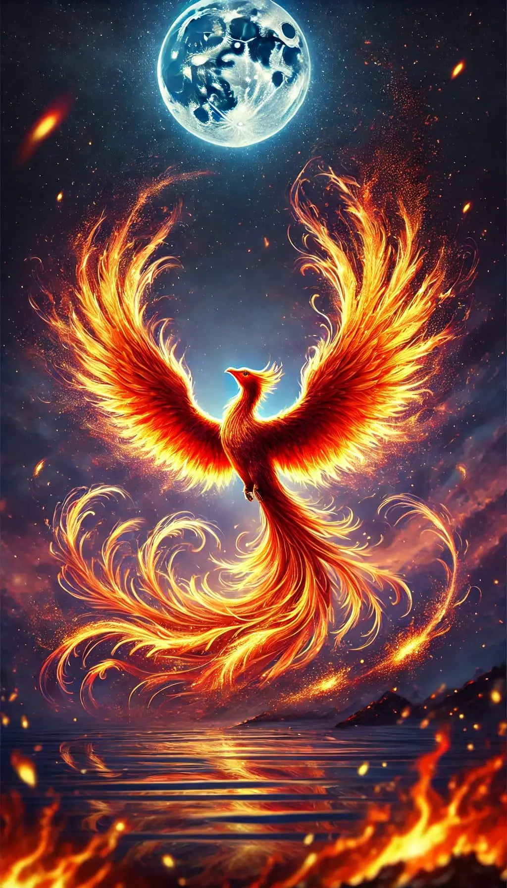 Phoenix vor Vollmond über dem Meer – Leuchtender Feuervogel steigt aus lodernden Flammen empor, während der Vollmond über dem Ozean steht.
