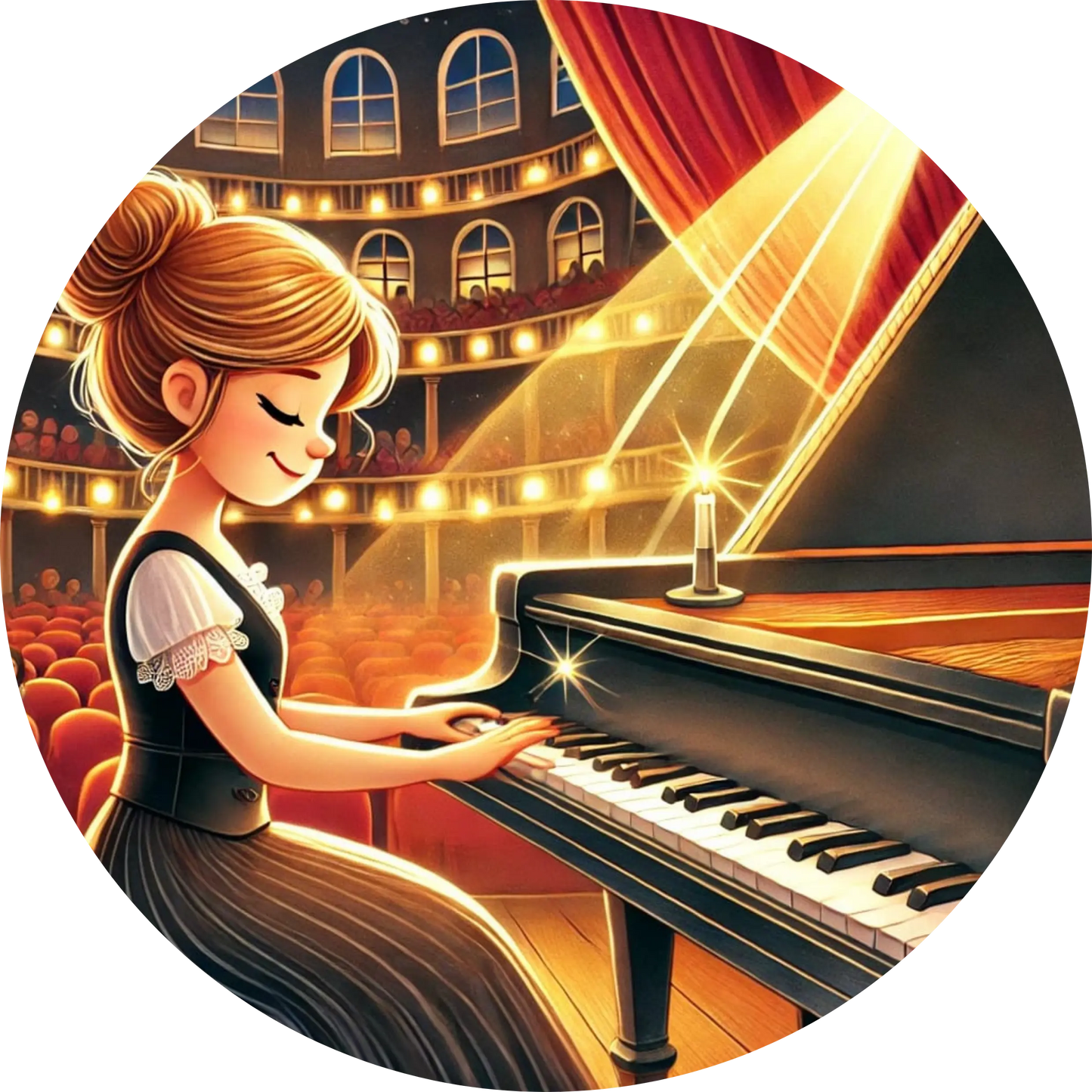 Eine Pianistin gibt ein Konzert auf einer Bühne – elegante Kleidung, fliegende Notenblätter und ein goldener Konzertflügel.