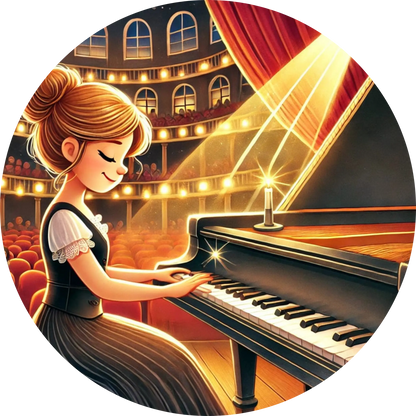 Eine Pianistin gibt ein Konzert auf einer Bühne – elegante Kleidung, fliegende Notenblätter und ein goldener Konzertflügel.