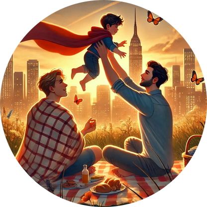 Zwei Männer beim Picknick, einer hebt ein Kind mit rotem Cape hoch – im Sonnenuntergang vor Stadtsilhouette.