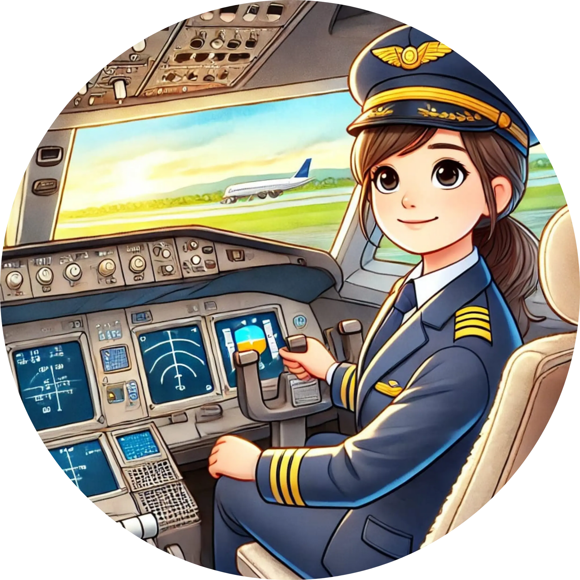 Eine Pilotin im Cockpit eines modernen Flugzeugs – Comic-Stil mit Uniform und Headset, technische Details im Hintergrund.