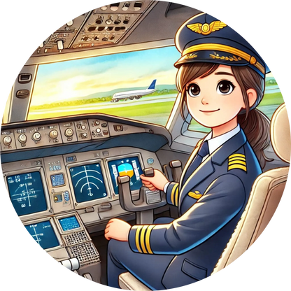 Eine Pilotin im Cockpit eines modernen Flugzeugs – Comic-Stil mit Uniform und Headset, technische Details im Hintergrund.