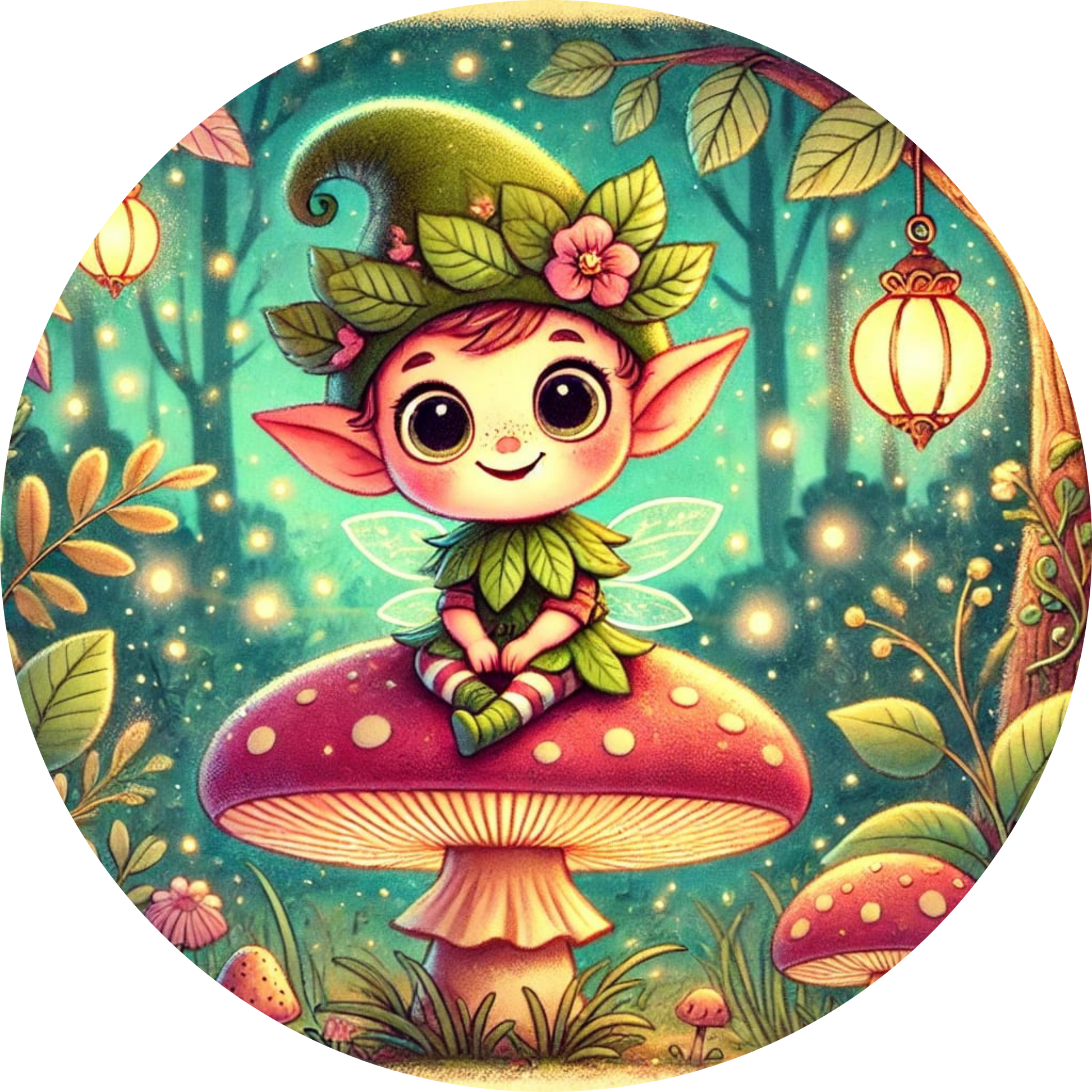 Kleiner Kobold mit Blätterhut sitzt auf einem Pilz vor märchenhaftem Hintergrund
